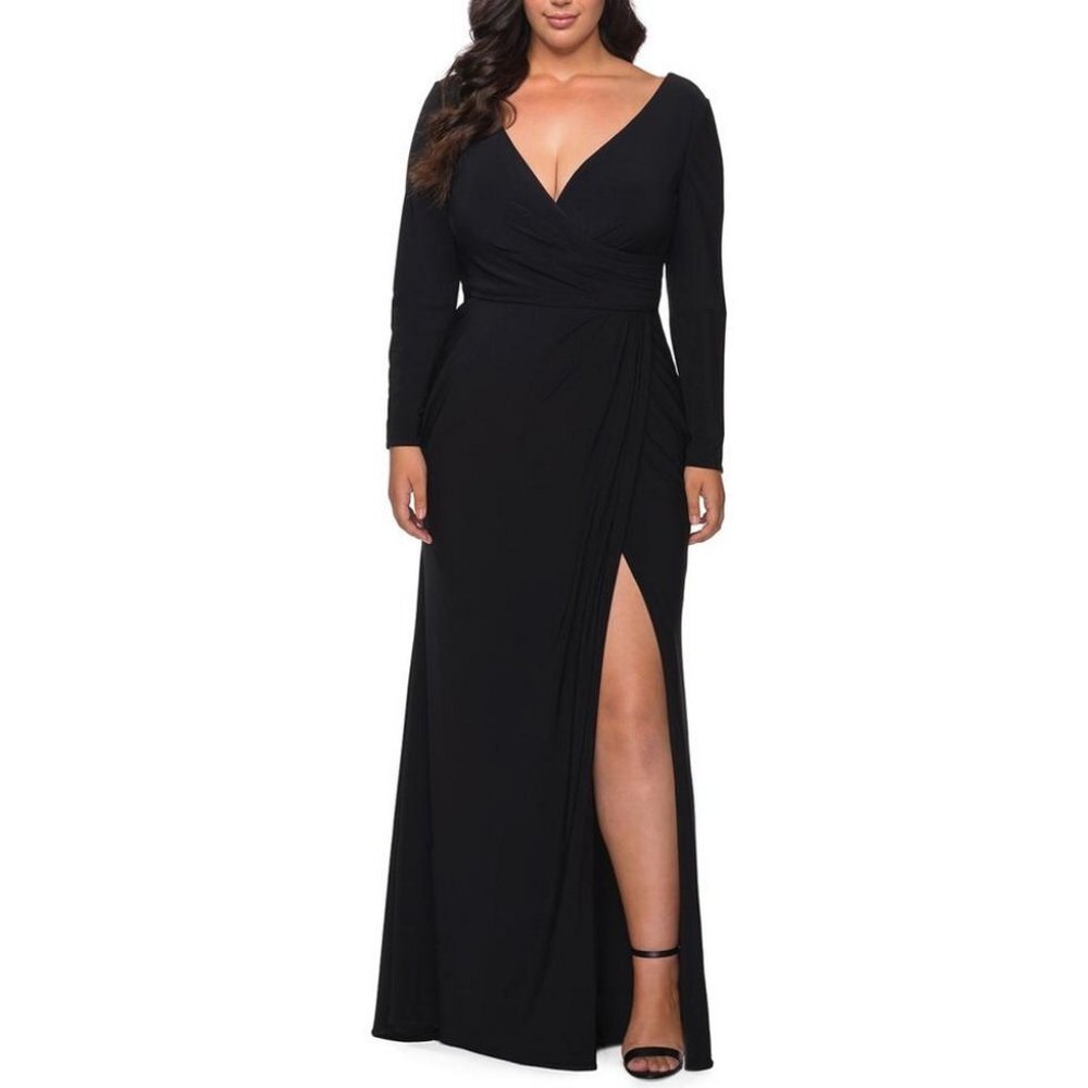 La Femme Black Long Sleeve Faux Wrap Gown